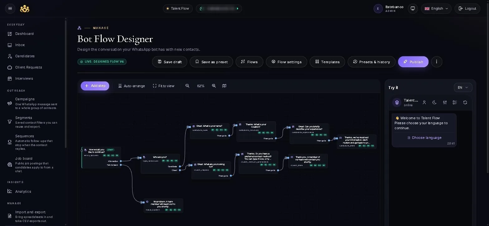 The visual bot flow designer, with the conversation graph on the canvas and a live test preview beside it.