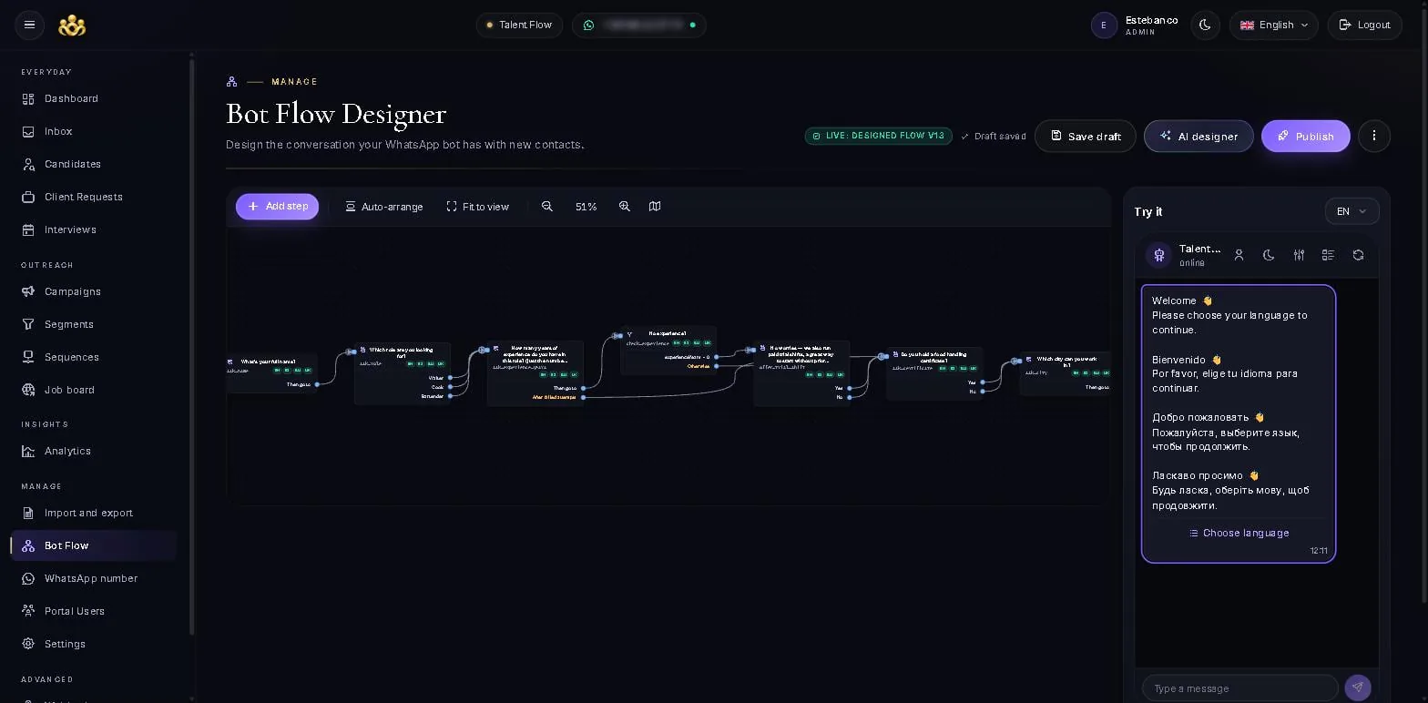 The AI flow designer, turning a plain-language description into a draft conversation on the canvas.